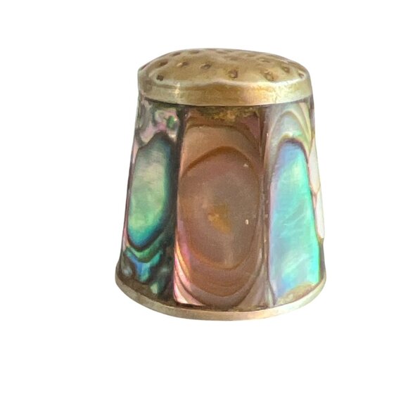 Vintage Alpaca Mexico Abalone Inlaid Thimble Floral Mother of Pearl .75" Estate - Picture 2 of 7